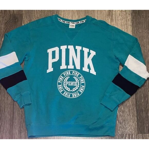 PINK Victoria’s Secret logo crew neck teal green sweatshirt medium long sleeve - Picture 10 of 11